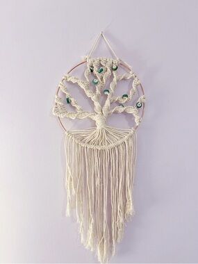 Boho Macrame Tree of Life Wall Hanging with Turquoise Beads & Fringe